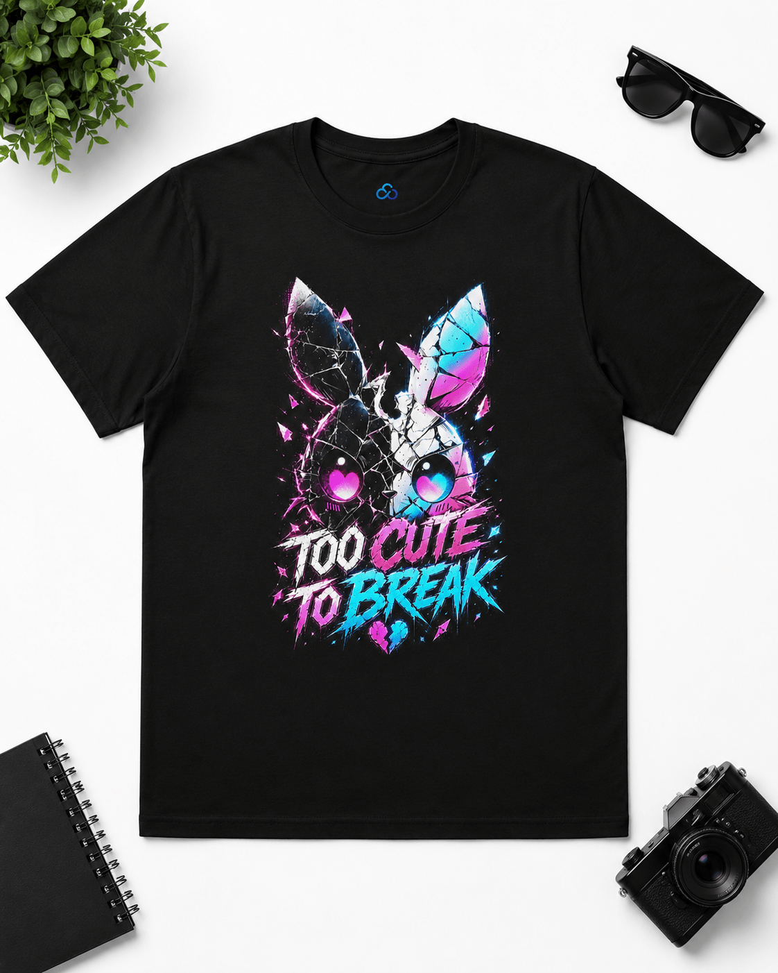 A black short-sleeve t-shirt with a colorful graphic of a rabbit and the text 'TOO CUTE TO BREAK' in neon pink, purple, and blue. The shirt is displayed in a flat-lay arrangement with sunglasses, a camera, a notebook, and a plant on a white background.