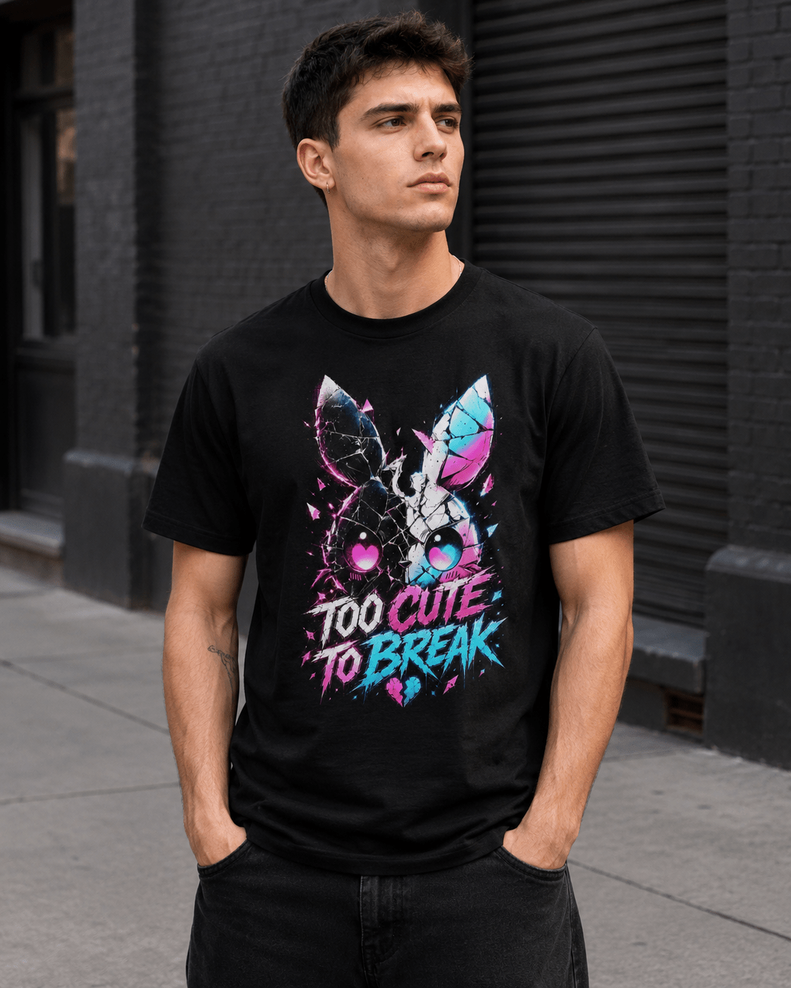 A man wearing a black graphic t-shirt with a colorful bunny design and the text 'TOO CUTE TO BREAK' in pink and blue, standing outdoors against a dark gray building.