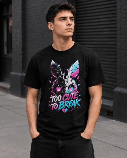 A man wearing a black graphic t-shirt with a colorful bunny design and the text 'TOO CUTE TO BREAK' in pink and blue, standing outdoors against a dark gray building.