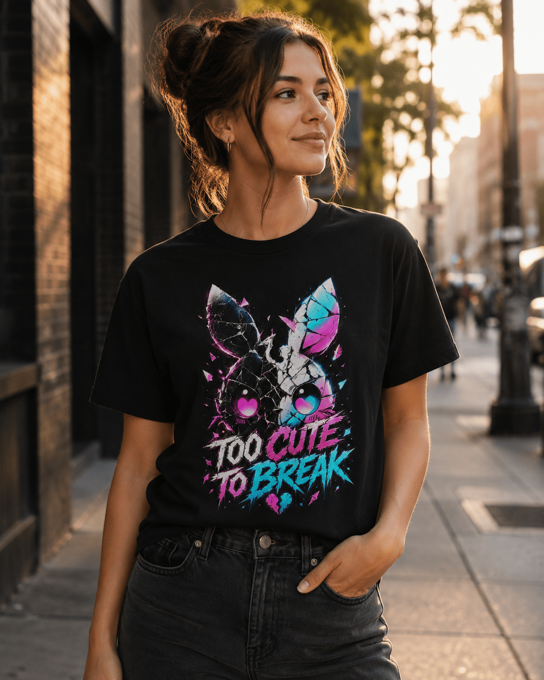 A woman wearing a black graphic t-shirt with a colorful bunny design and the text 'TOO CUTE TO BREAK' in a city street setting.