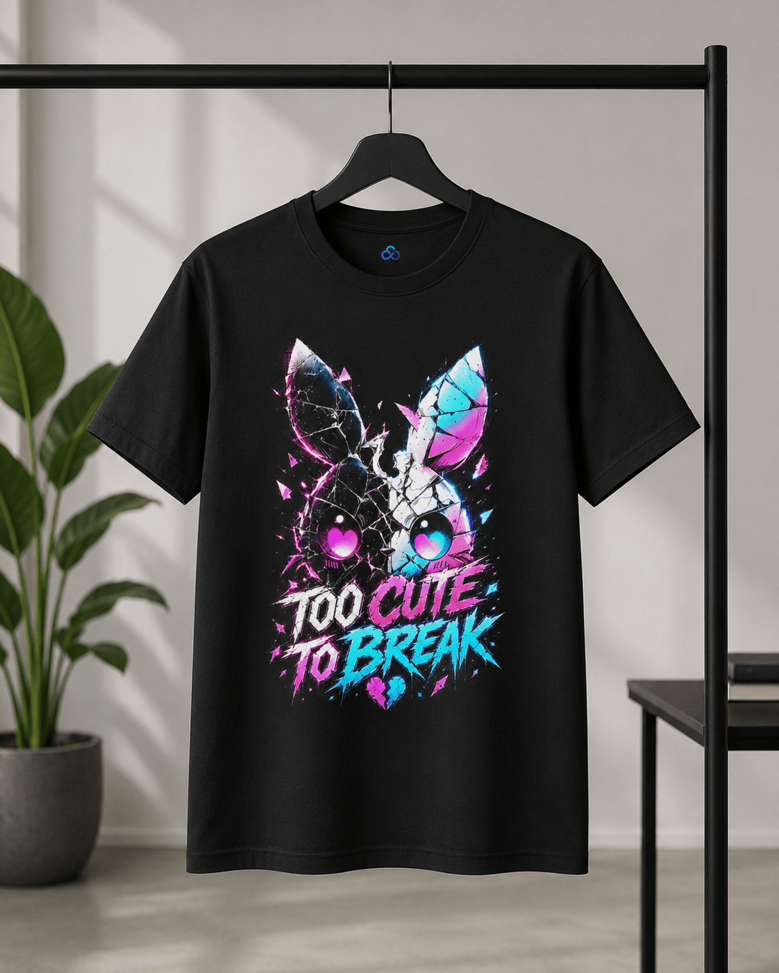 A black short-sleeve graphic t-shirt hanging on a black hanger from a clothing rack, styled in a minimalist room with a potted plant on the left and a table on the right. The t-shirt features a colorful bunny graphic with the text 'TOO CUTE TO BREAK' in vibrant pink, purple, and blue.
