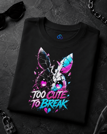 A black folded graphic T-shirt displayed on a dark textured surface with sunglasses, a chain, and a padlock as styled props. The shirt features a colorful bunny face with cracked glass details and the text 'TOO CUTE TO BREAK' in neon pink, blue, and purple.