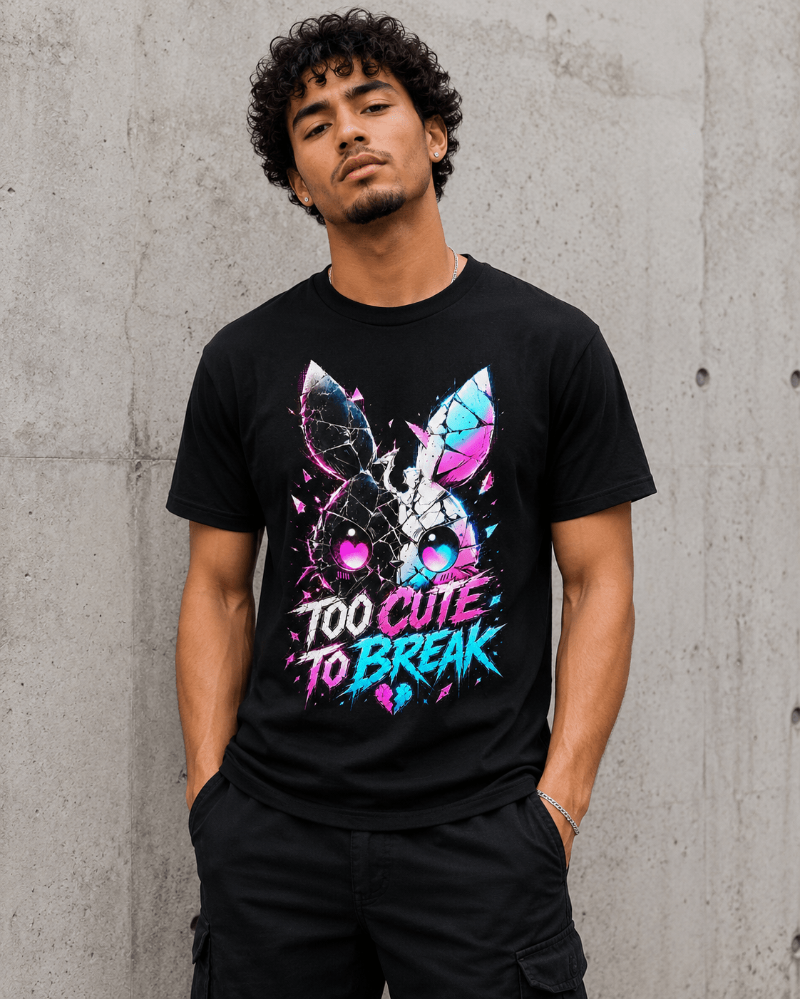 A man wearing a black graphic t-shirt with a colorful bunny design and the text 'TOO CUTE TO BREAK' in pink and blue, standing against a concrete wall.