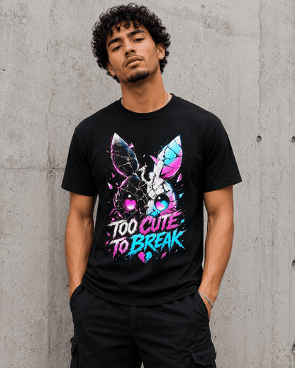 A man wearing a black graphic t-shirt with a colorful bunny design and the text 'TOO CUTE TO BREAK' in pink and blue, standing against a concrete wall.