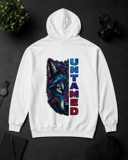 White hoodie with colorful wolf face graphic and vertical multicolor lettering on back