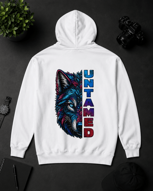 White hoodie with colorful wolf face graphic and vertical multicolor lettering on back