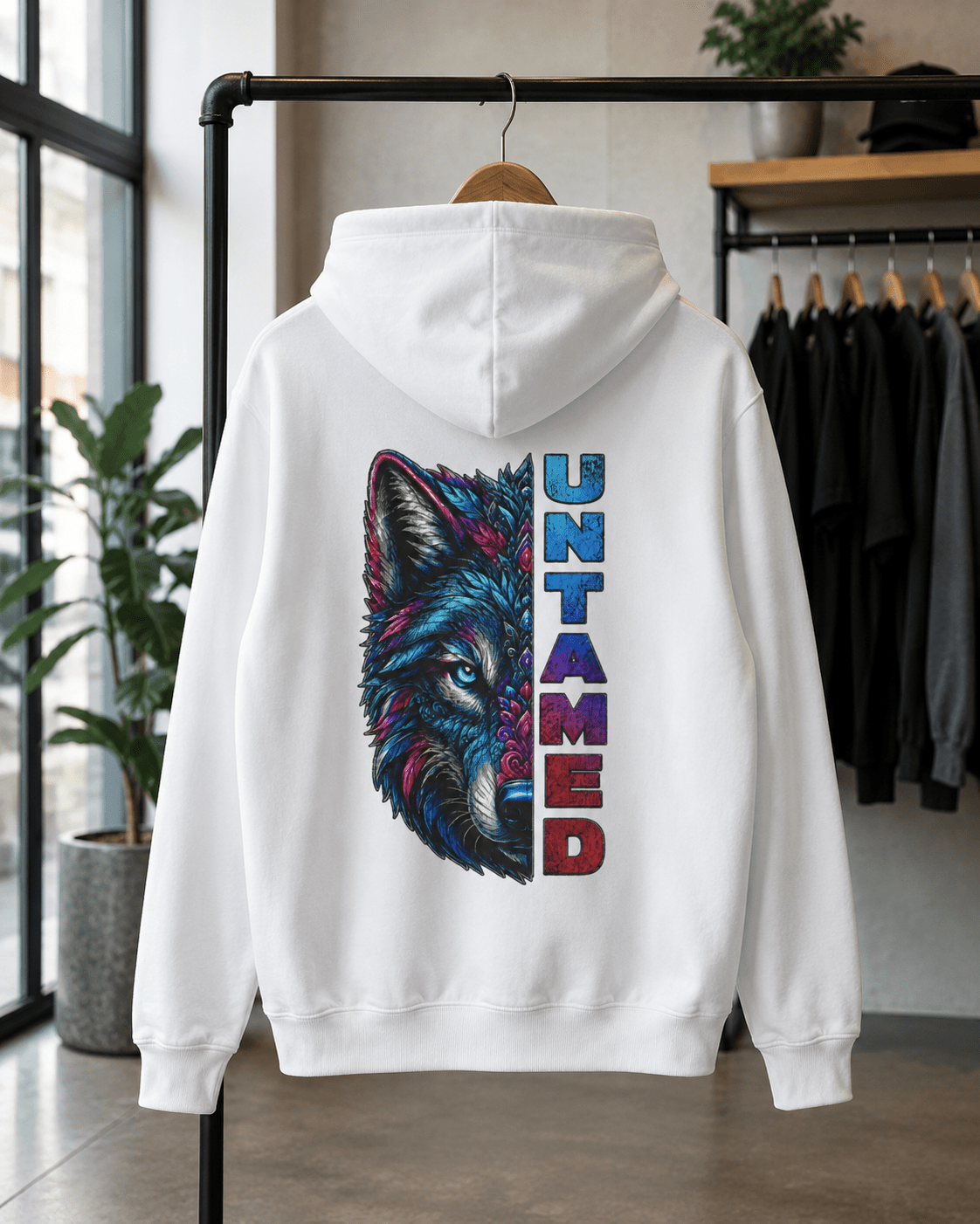 White pullover hoodie, back view, wolf graphic with vertical UNTAMED print