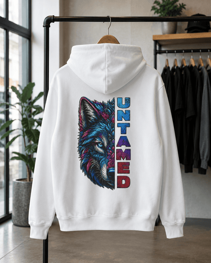 White pullover hoodie, back view, wolf graphic with vertical UNTAMED print