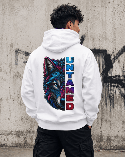 White hoodie worn with back graphic: colorful wolf face and vertical multicolor lettering