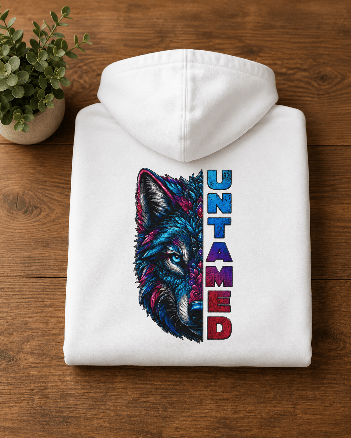 White pullover hoodie with wolf graphic and vertical UNTAMED print, folded