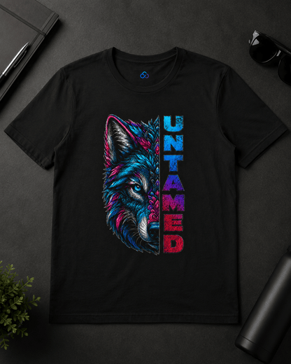 Black graphic T-shirt flat lay with colorful wolf face and vertical 'UNTAMED' text