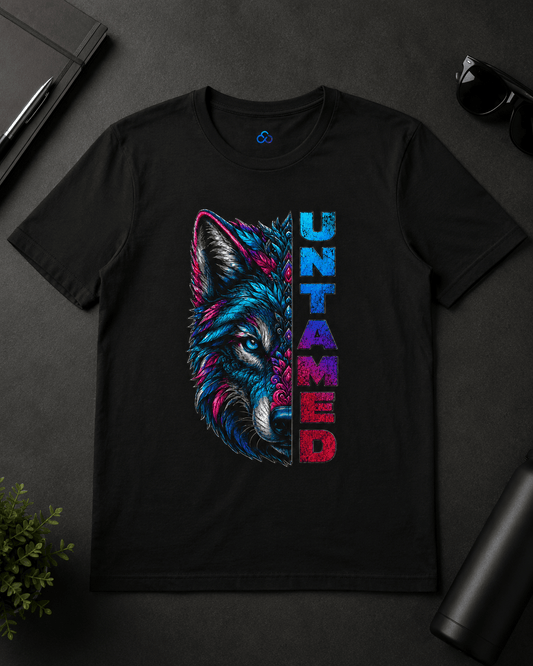 Black graphic T-shirt flat lay with colorful wolf face and vertical 'UNTAMED' text