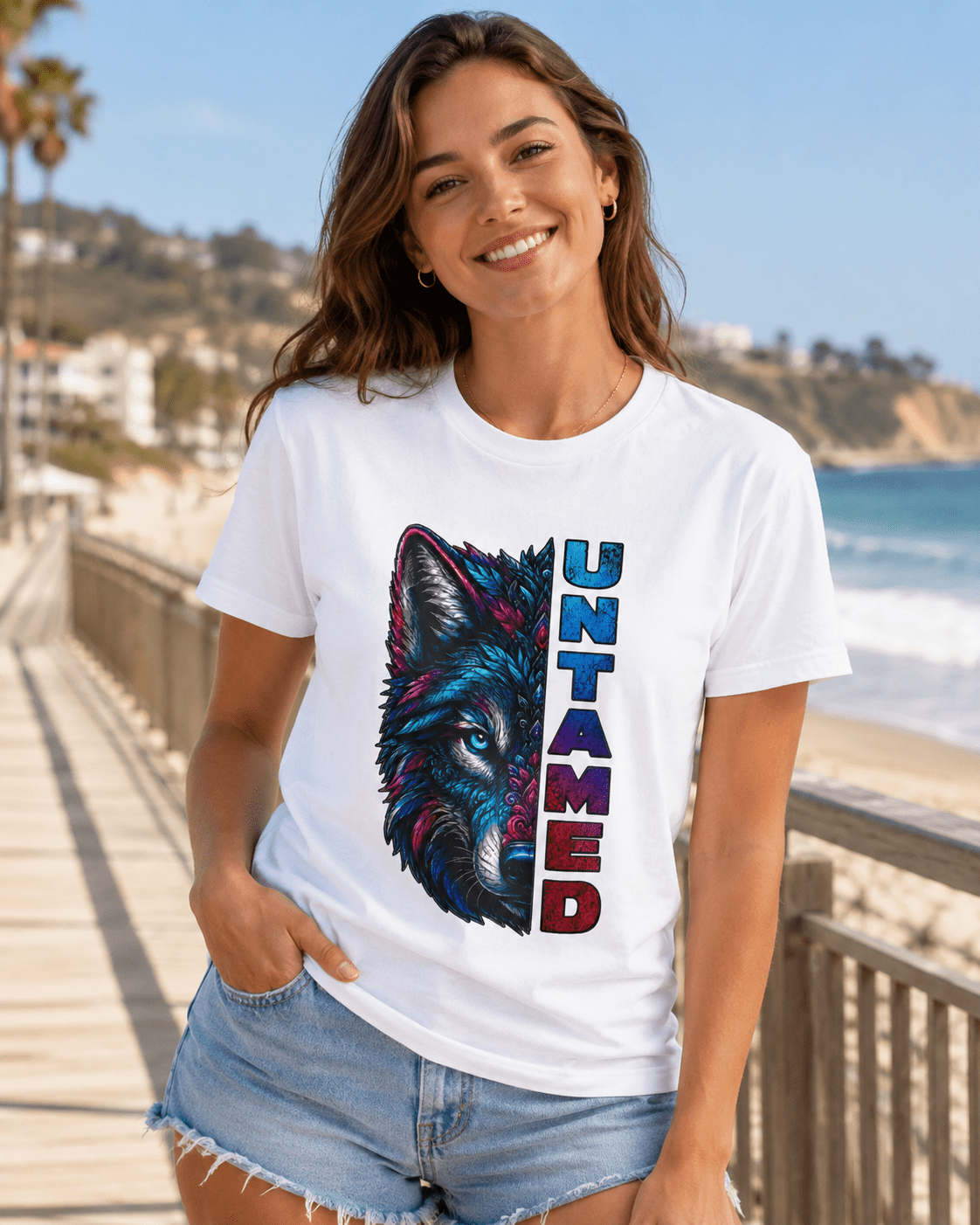 White Untamed T-shirt on a smiling woman with colorful wolf graphic and vertical 'UNTAMED' text