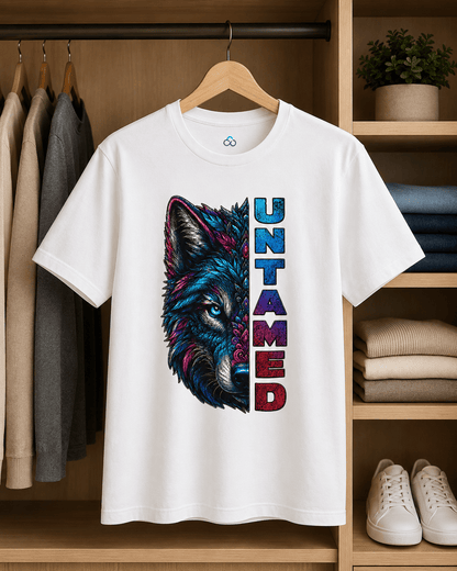 White Untamed T-shirt hanging on a hanger, with colorful wolf and vertical 'UNTAMED' text