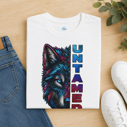 Folded white Untamed T-shirt with colorful wolf graphic and vertical 'UNTAMED' text