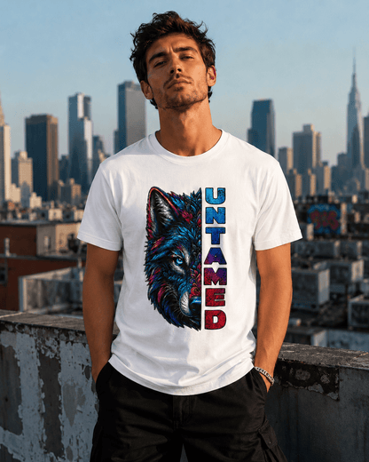 White Untamed T-shirt on a man with colorful wolf graphic and vertical 'UNTAMED' text