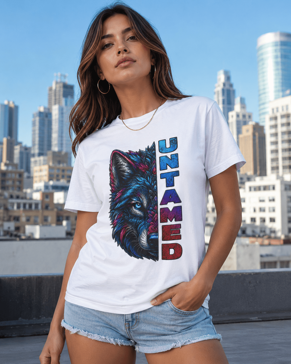 White Untamed T-shirt on a woman featuring a colorful wolf and vertical 'UNTAMED' text