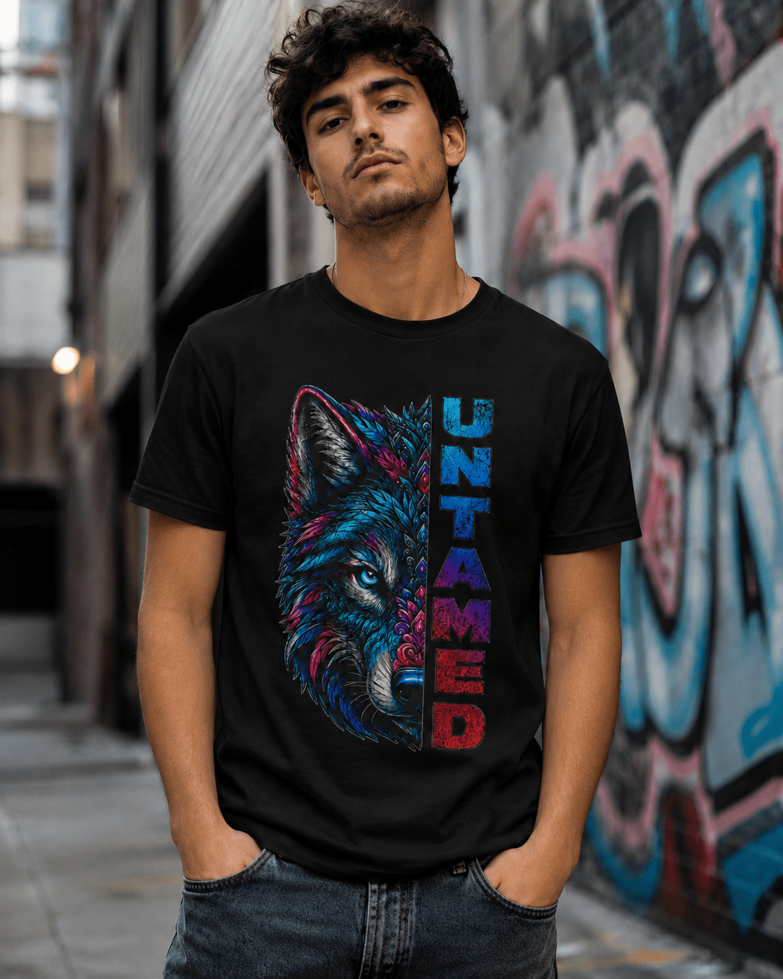 Black Untamed T-shirt on a man with colorful wolf graphic and vertical 'UNTAMED' text