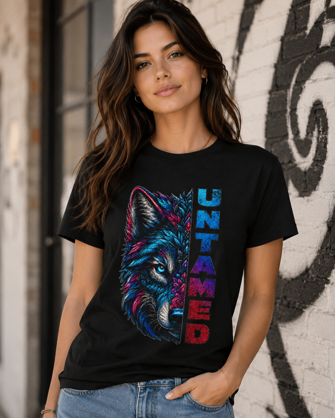 Black graphic T-shirt with colorful wolf face and vertical 'UNTAMED' text