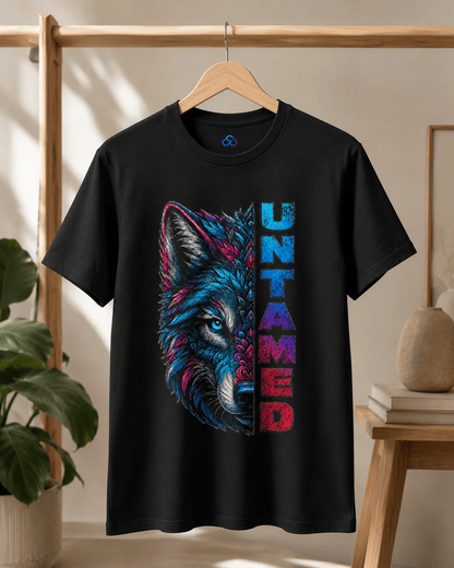 Black Untamed T-shirt with colorful wolf graphic and vertical 'UNTAMED' text