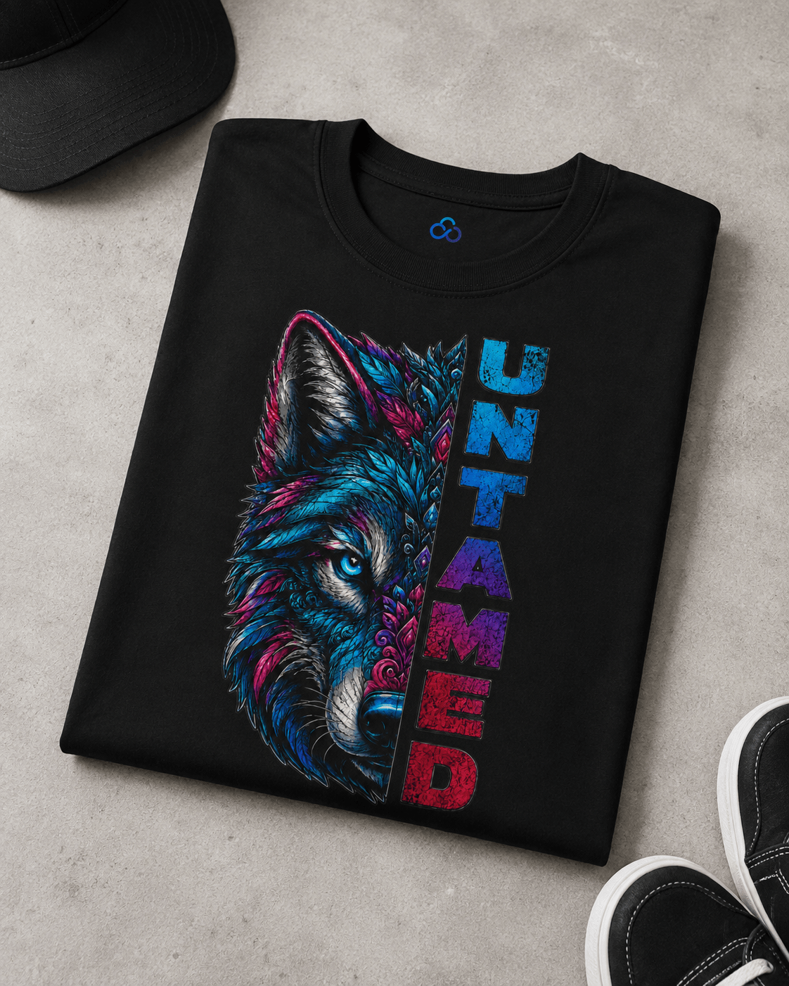 Black graphic T-shirt folded with colorful wolf face and vertical 'UNTAMED' text