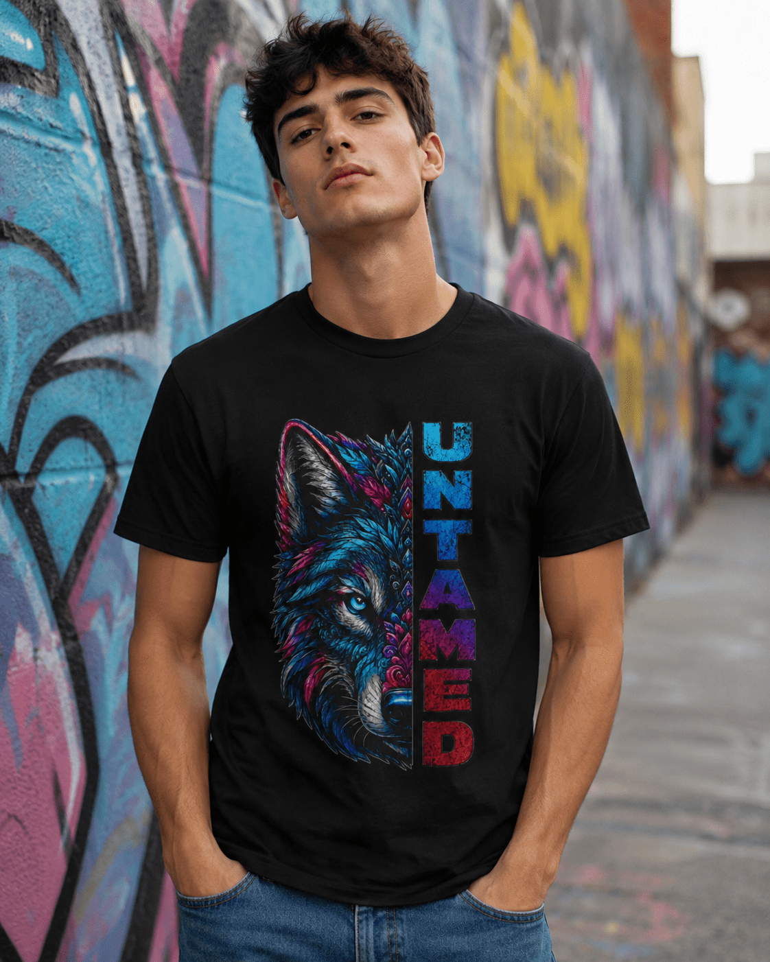 Black Untamed T-shirt close-up on a man, showing colorful wolf and vertical 'UNTAMED' text