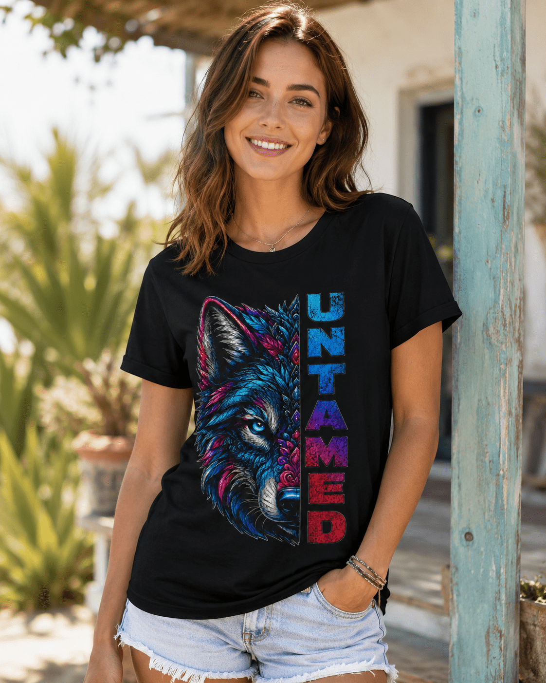 Black graphic T-shirt worn with colorful wolf face and vertical 'UNTAMED' text