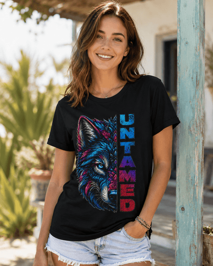 Black graphic T-shirt worn with colorful wolf face and vertical 'UNTAMED' text