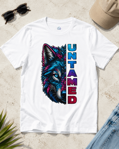 White Untamed T-shirt with colorful wolf graphic and vertical 'UNTAMED' text