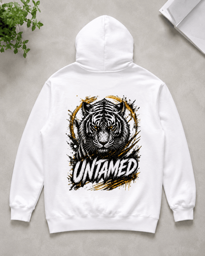 White tiger graphic hoodie with UNTAMED text on back, pullover hood