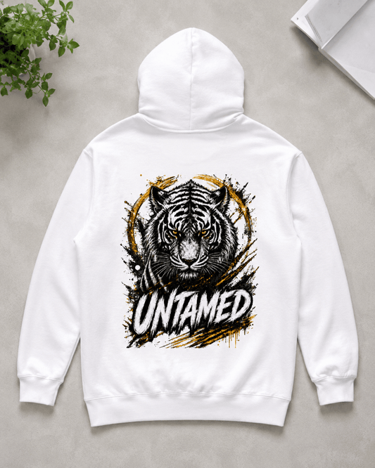 White tiger graphic hoodie with UNTAMED text on back, pullover hood