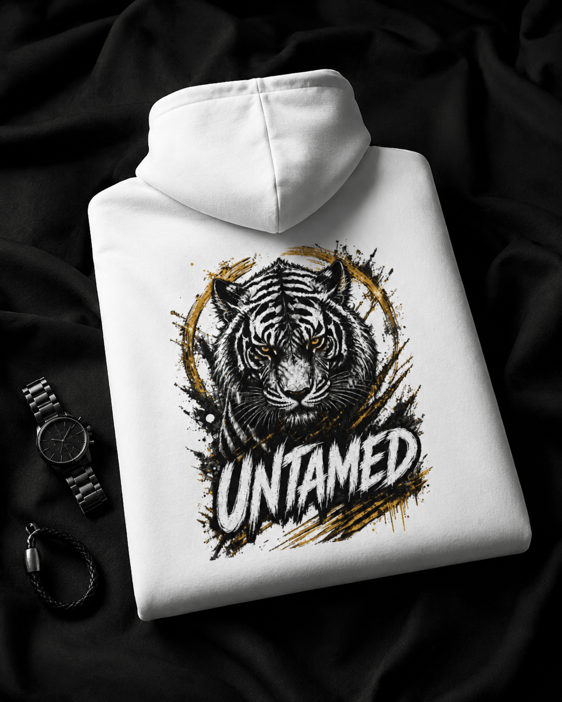 White tiger graphic hoodie with UNTAMED print, front view, pullover hood