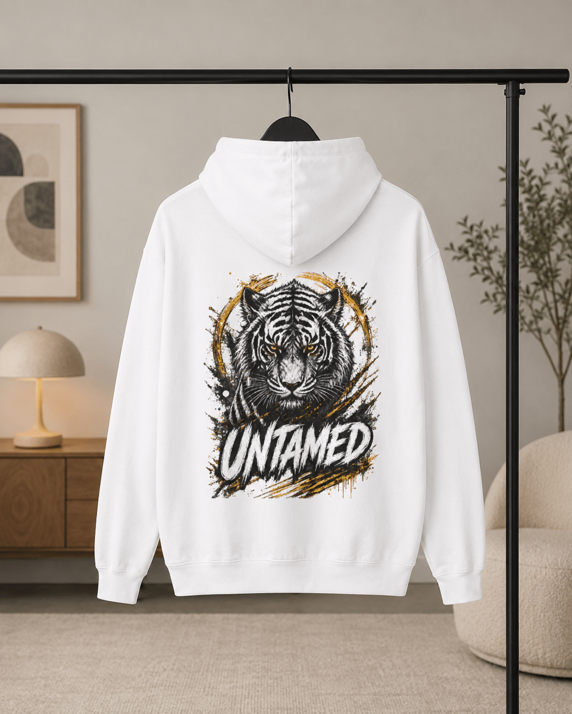 White tiger graphic hoodie, back view with UNTAMED text under hood