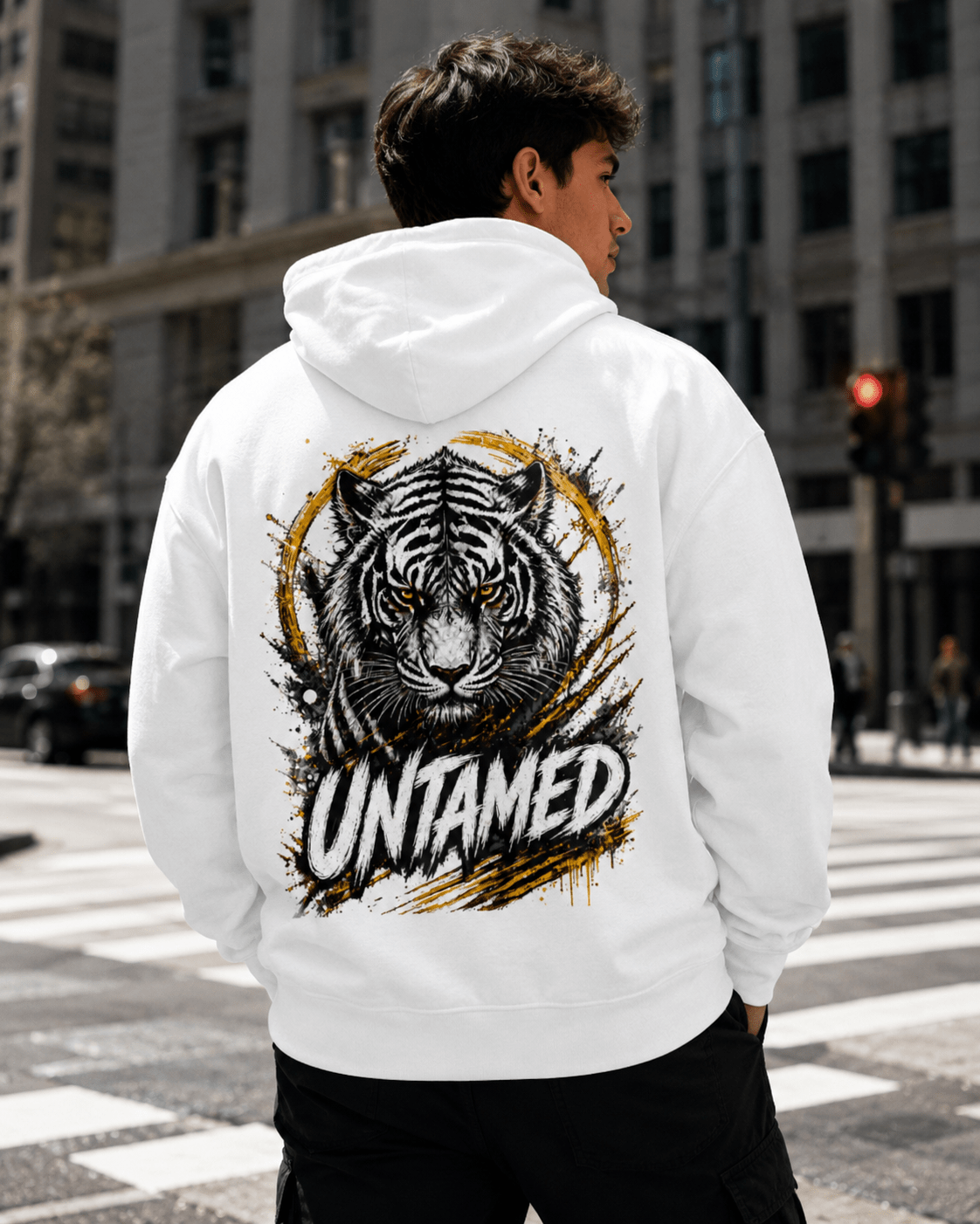 White tiger graphic hoodie, back view on man with UNTAMED tiger logo