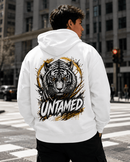 White tiger graphic hoodie, back view on man with UNTAMED tiger logo