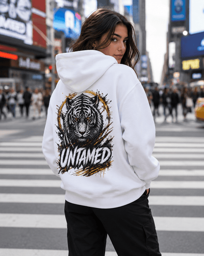 White tiger graphic hoodie, back on woman with UNTAMED tiger print