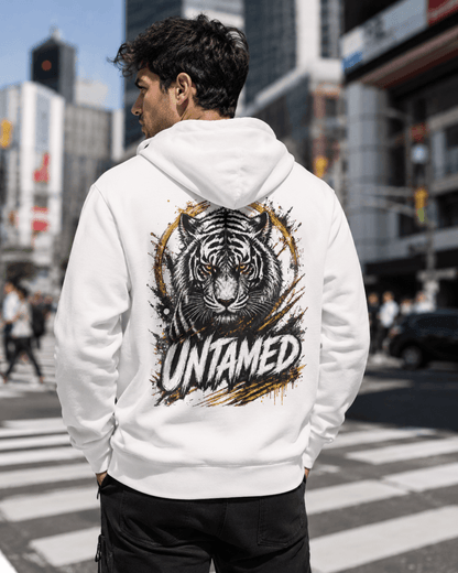 White tiger graphic hoodie, back view on person with UNTAMED logo and hood