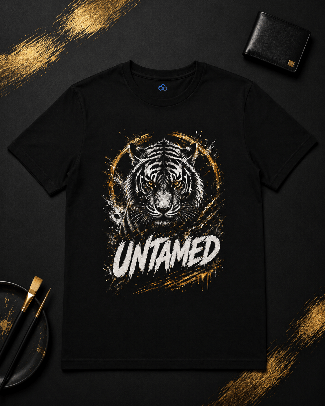 A black short-sleeve t-shirt with a graphic of a tiger's face inside a circular frame and the word 'UNTAMED' in white distressed lettering. The shirt is displayed in a flat-lay arrangement on a dark background with gold paint strokes, a wallet, and a plate with paintbrushes.