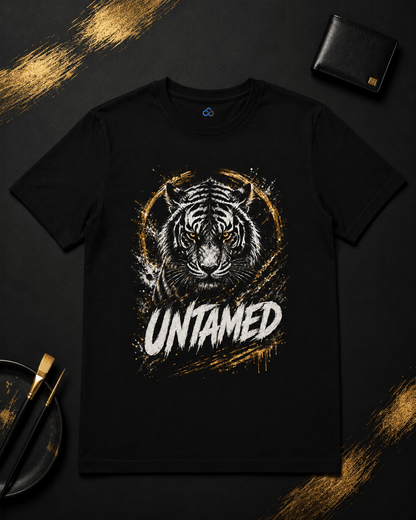 A black short-sleeve t-shirt with a graphic of a tiger's face inside a circular frame and the word 'UNTAMED' in white distressed lettering. The shirt is displayed in a flat-lay arrangement on a dark background with gold paint strokes, a wallet, and a plate with paintbrushes.