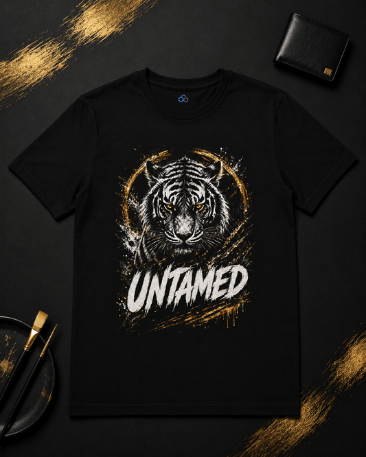 A black short-sleeve t-shirt with a graphic of a tiger's face inside a circular frame and the word 'UNTAMED' in white distressed lettering. The shirt is displayed in a flat-lay arrangement on a dark background with gold paint strokes, a wallet, and a plate with paintbrushes.