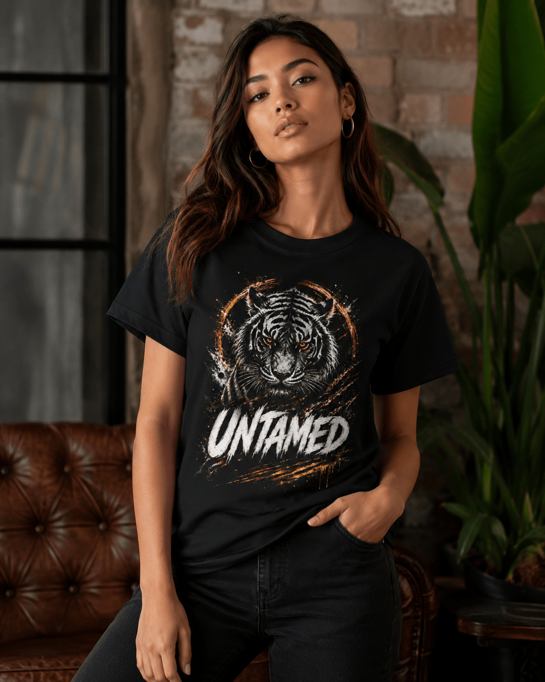 A woman wearing a black graphic t-shirt with a tiger design and the word 'UNTAMED' printed on the front, posed in a cozy indoor setting with a brick wall and leather sofa in the background.