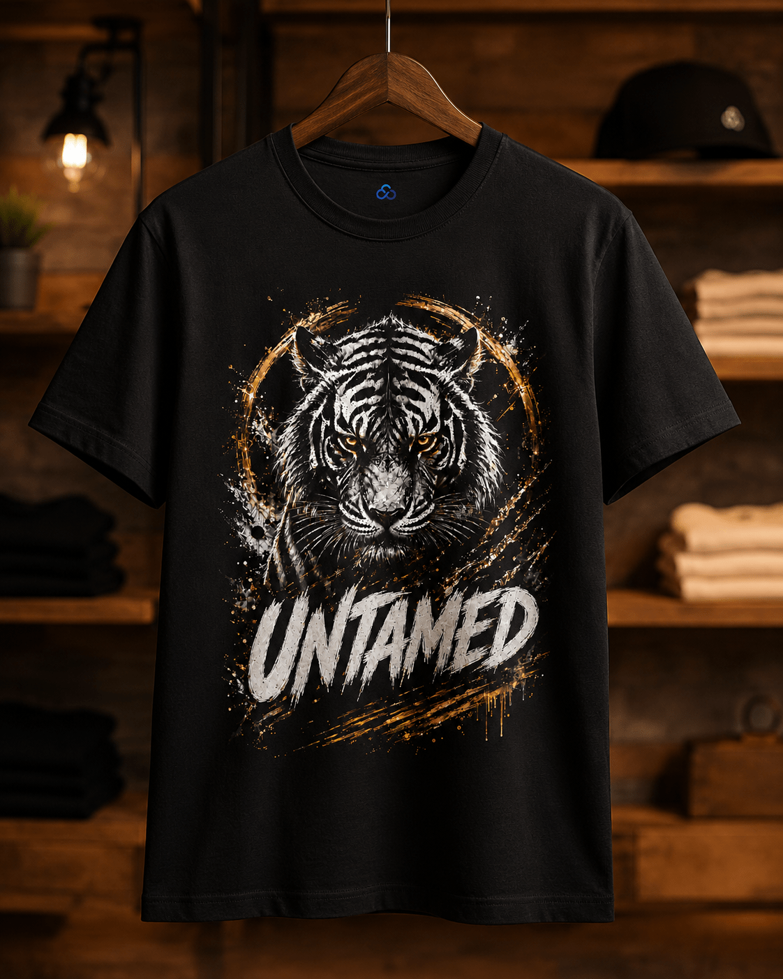 A black short-sleeve t-shirt hanging on a wooden hanger against a warm, rustic wood-paneled background. The shirt features a graphic print of a tiger's face inside a circular frame with gold paint-splatter details, and the word 'UNTAMED' in distressed white lettering below.