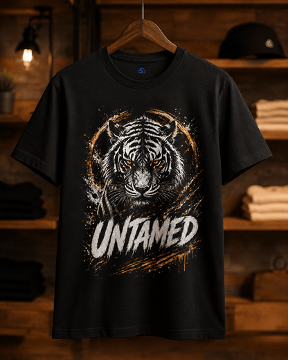 A black short-sleeve t-shirt hanging on a wooden hanger against a warm, rustic wood-paneled background. The shirt features a graphic print of a tiger's face inside a circular frame with gold paint-splatter details, and the word 'UNTAMED' in distressed white lettering below.