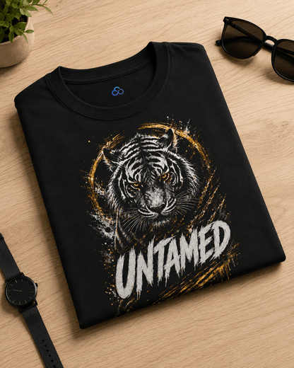 A folded black t-shirt with a graphic of a tiger's face inside a gold circular frame and the word 'UNTAMED' in white distressed lettering, displayed on a light wood surface with sunglasses, a watch, and a plant.
