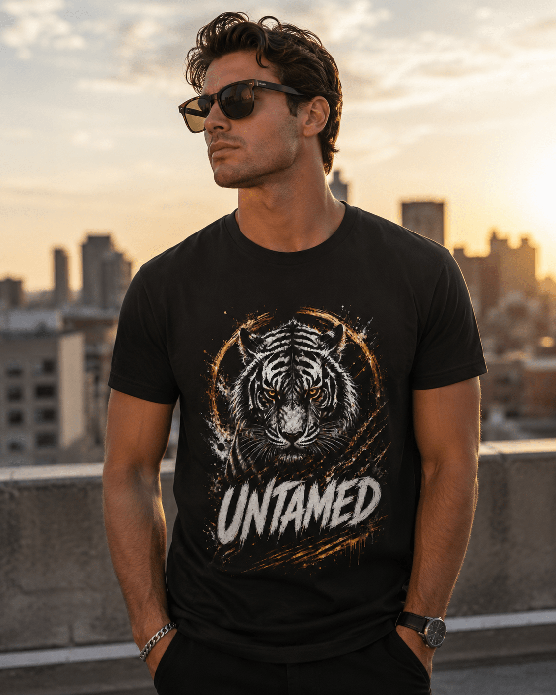 A man wearing a black graphic t-shirt with a tiger design and the word 'UNTAMED' on the front, standing on a rooftop at sunset with a city skyline in the background.