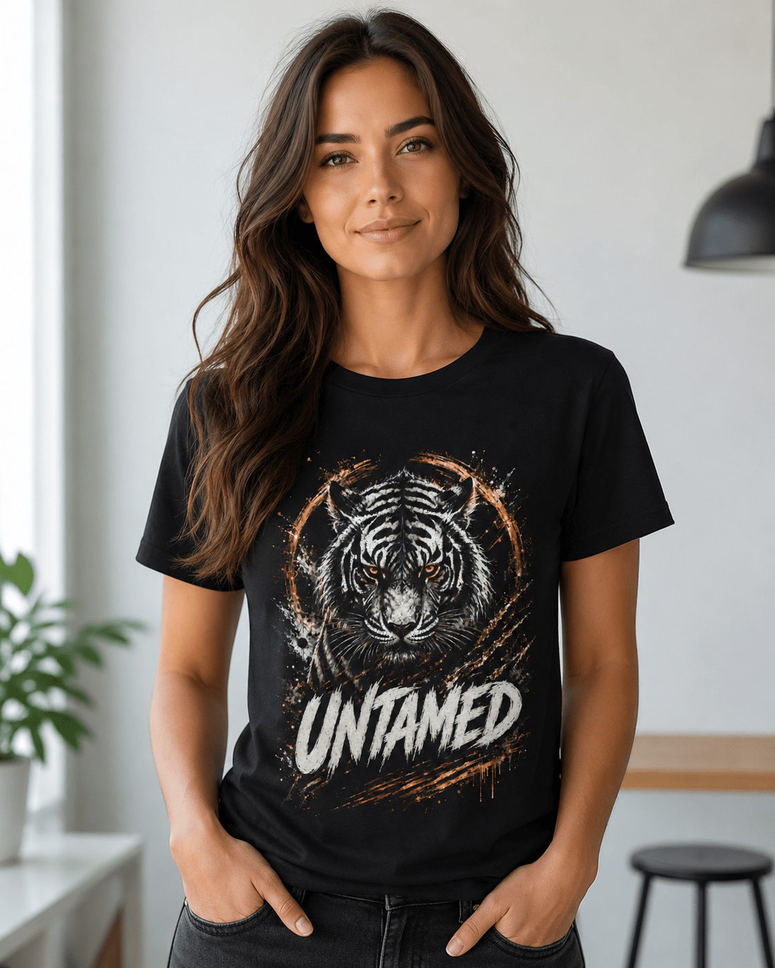 A woman wearing a black short-sleeve graphic t-shirt with a detailed tiger face print and the word 'UNTAMED' in white and gold, posed in a bright indoor setting.