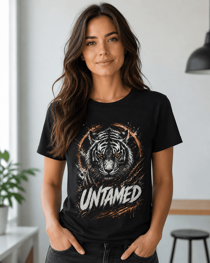 A woman wearing a black short-sleeve graphic t-shirt with a detailed tiger face print and the word 'UNTAMED' in white and gold, posed in a bright indoor setting.