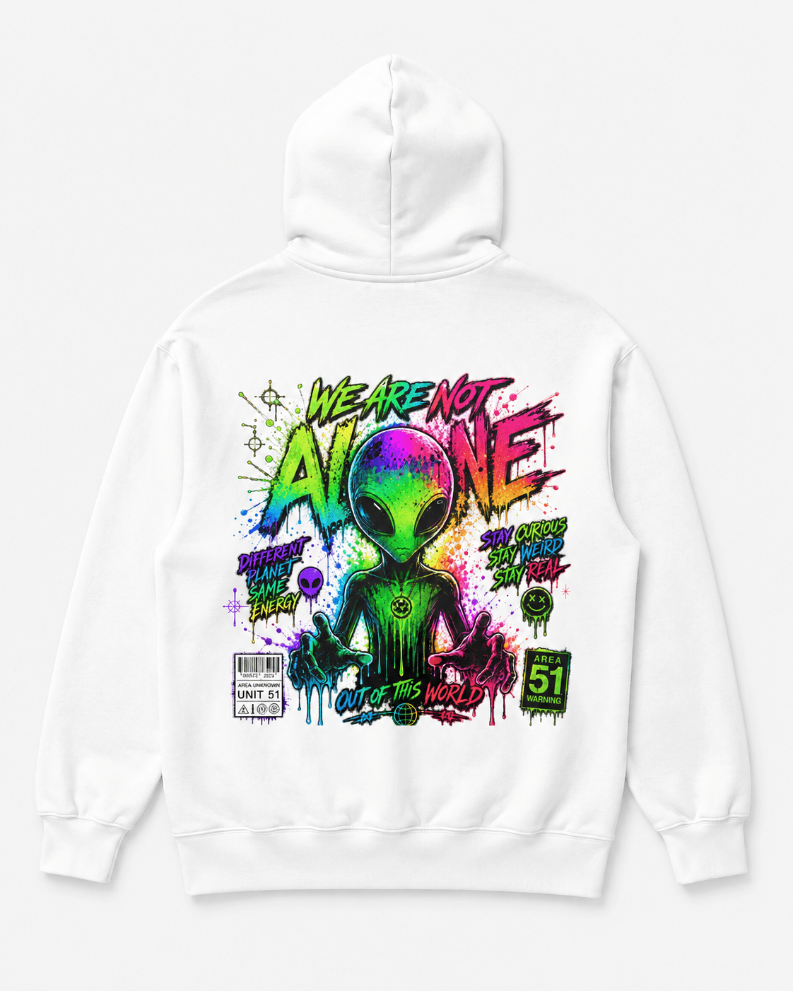 White hoodie with front kangaroo pocket and full-color alien graphic on back