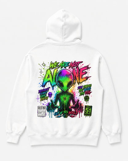 White hoodie with front kangaroo pocket and full-color alien graphic on back