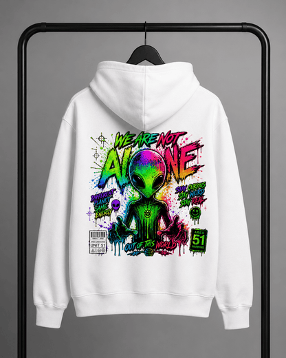 White hoodie on hanger with colorful alien graphic centered on the back